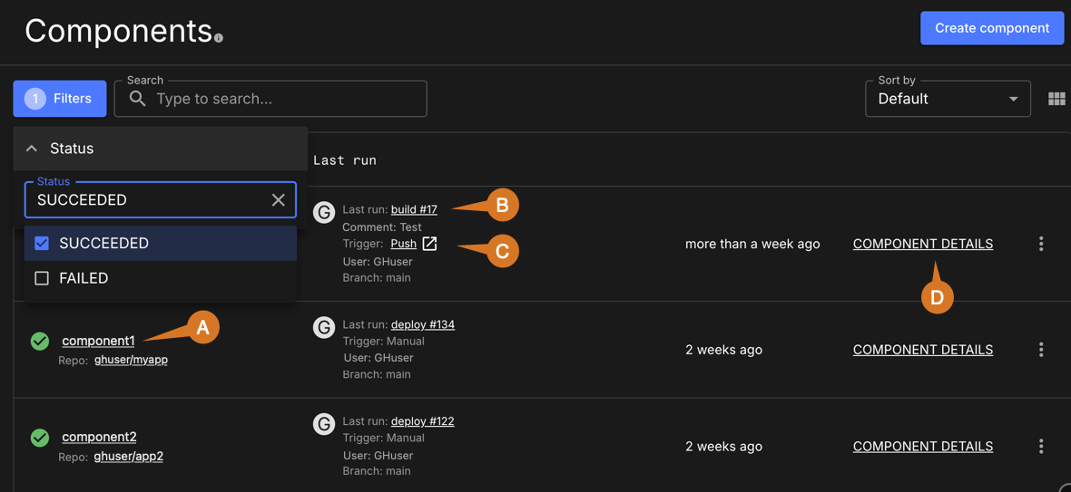 Figure 1. An example component list filtering for successful runs. Component filter